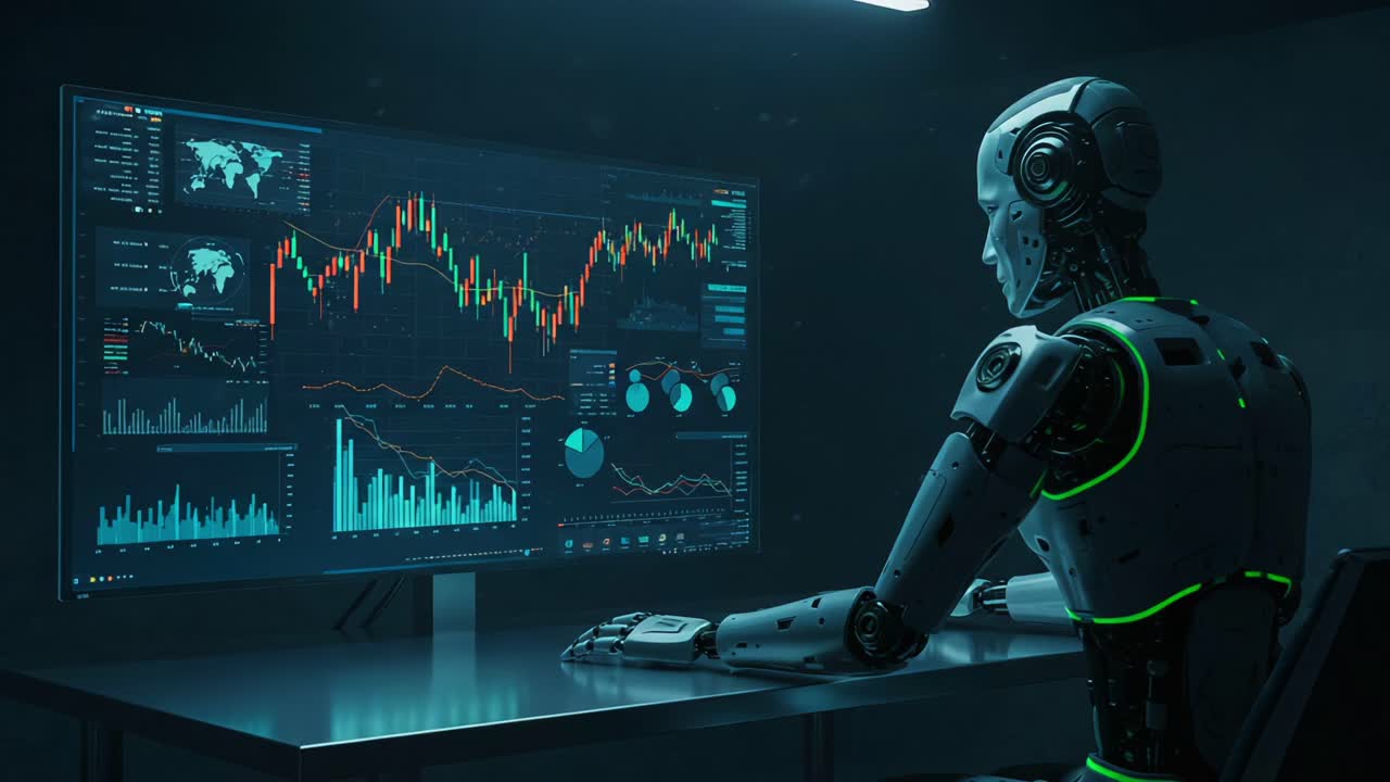 A futuristic robot analyzing complex financial data on a high-tech screen, showcasing advanced algorithms and market trends in a dark digital environment