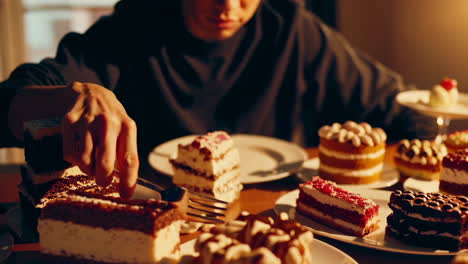 person eating assorted cakes at a table