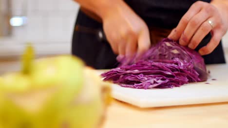 chef cortando repollo púrpura en la cocina de la cafetería