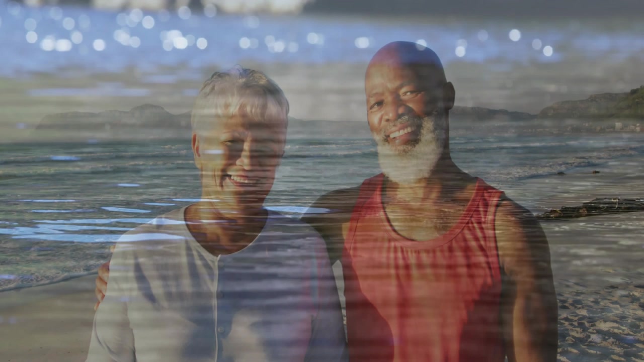 Man placing arm around woman, couple smiling and leaning, ocean overlay passing, promoting health