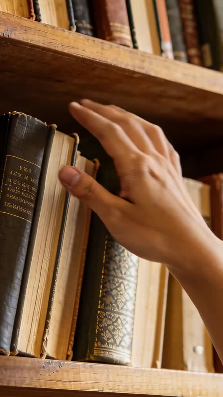 Video verticale: Mano destra che si allunga, scorrendo i dorsi dei libri su una libreria di legno, selezionando un libro scuro da leggere.