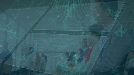 animation of financial data processing over diverse business people in conference