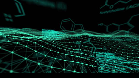 animation of scientific data processing and network of connections on black background