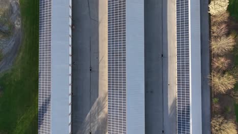 Toma-Aérea-De-Arriba-Hacia-Abajo-De-Paneles-Solares-En-El-Techo-Del-Establo.