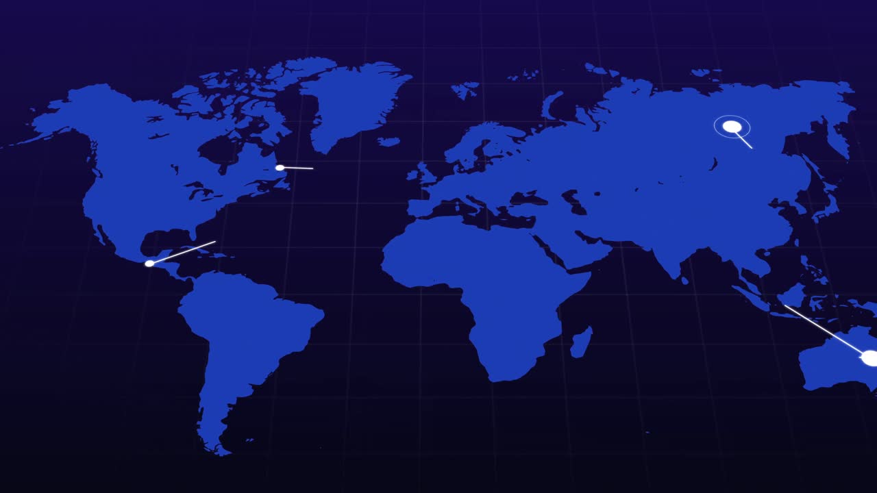mapa del mundo azul con una red blanca móvil de puntos conectados en fondo negro