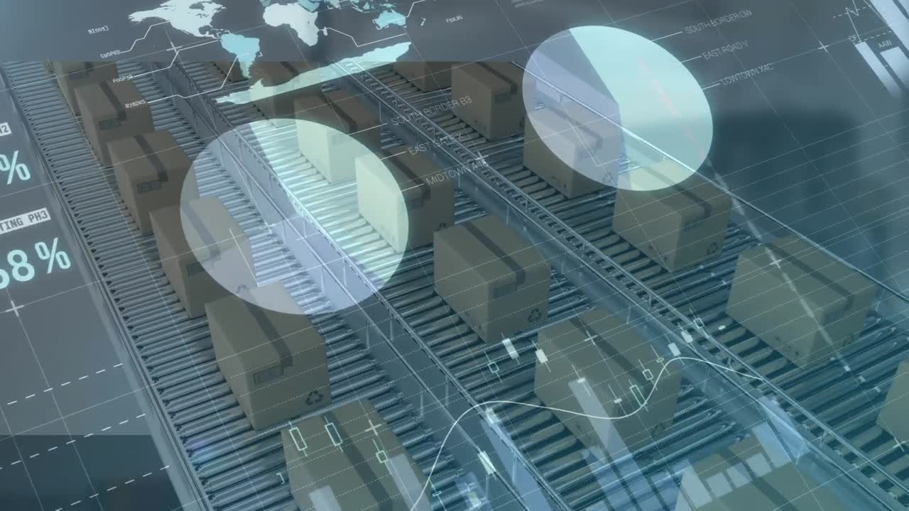 Animation of statistics processing over cardboard boxes on conveyor belts in background