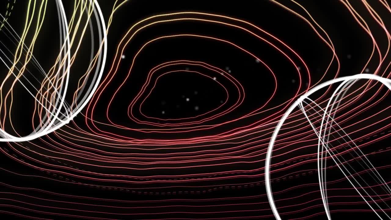 Animation of geometrical shapes and red map of lines over dark background