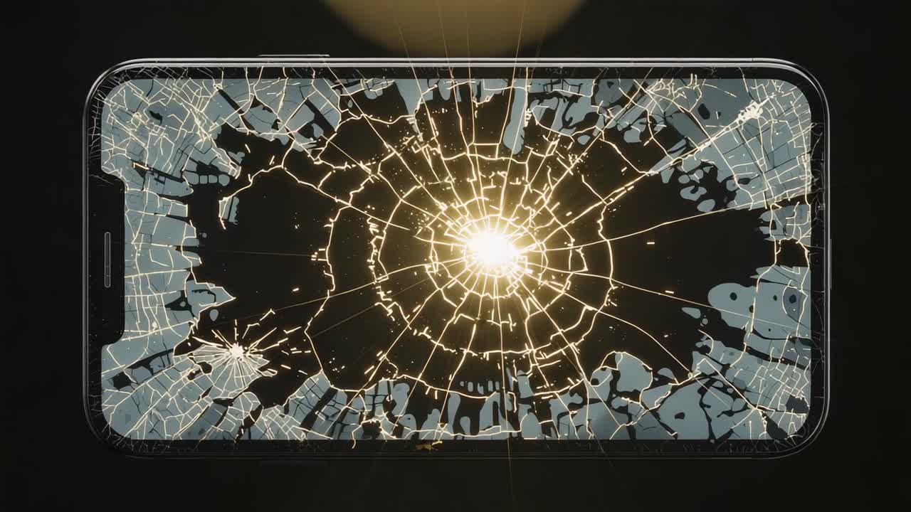 Glowing core intensifying, phone screen spreading cracks in studio, left impact remaining visible