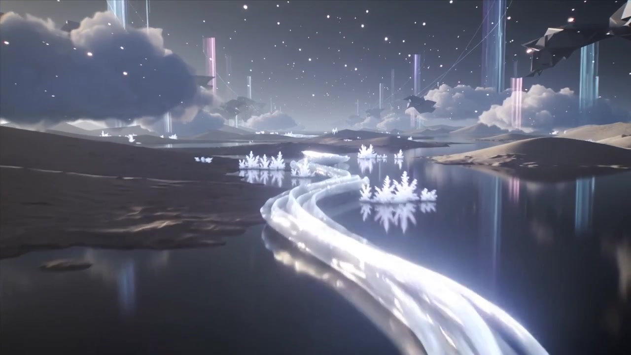 Cam starting forward gliding along woven ribbon across lake to light pillars showing crystals