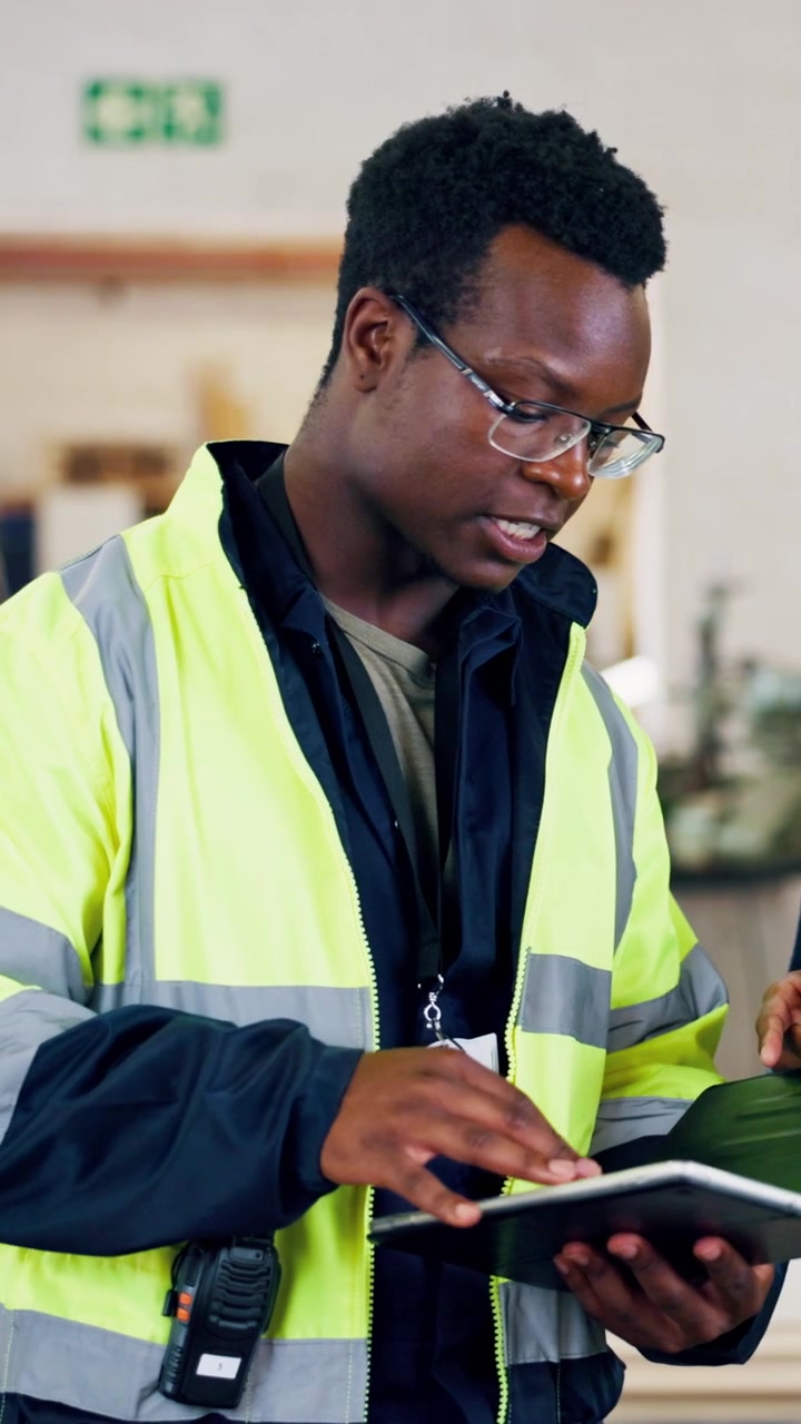 Construction Manager Reviewing Plans on Tablet at Building Site