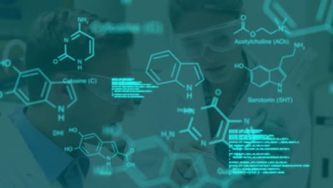 animación de procesamiento de datos y fórmula química sobre científicos caucásicos en el laboratorio