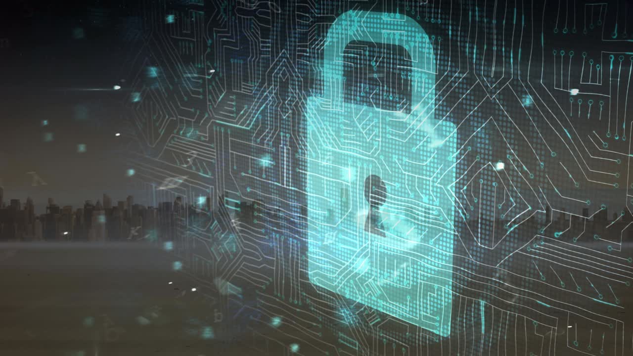 Animation of security padlock over cityscape