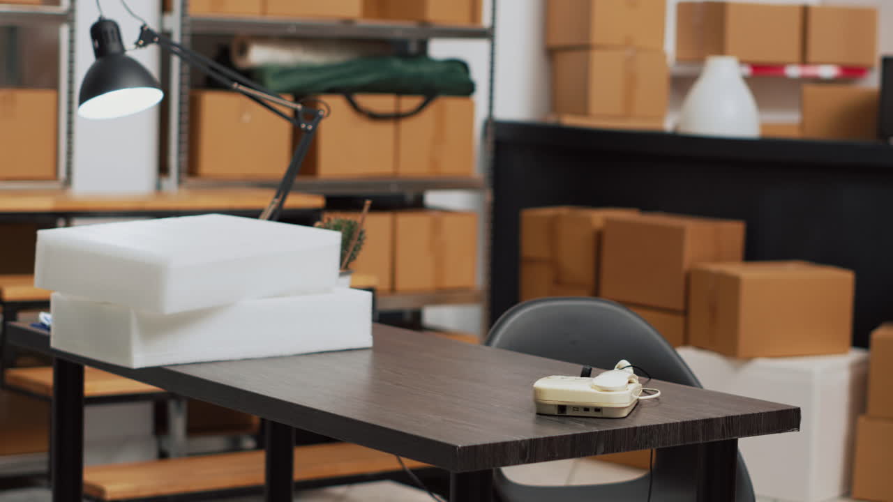 Office desk with boxes and telephone