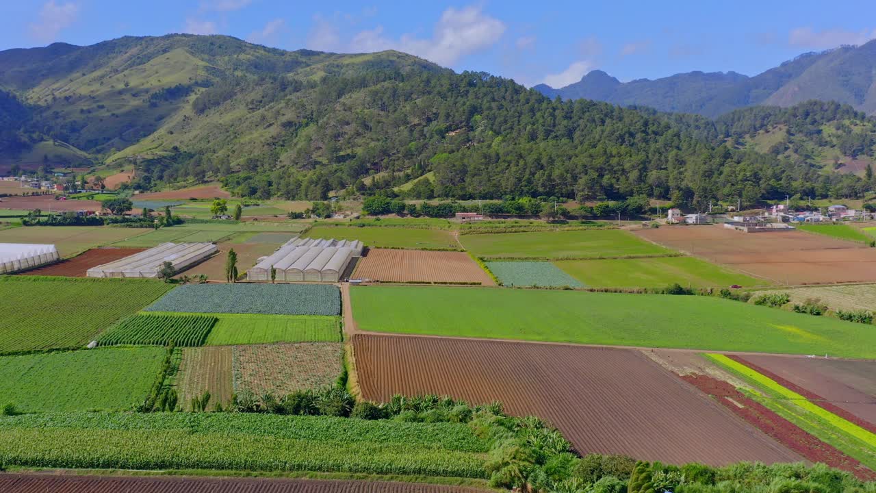 도미니카 공화국의 콘스탄자 계곡 근처에 유기농 작물이 있는 농경지의 탁 트인 전망