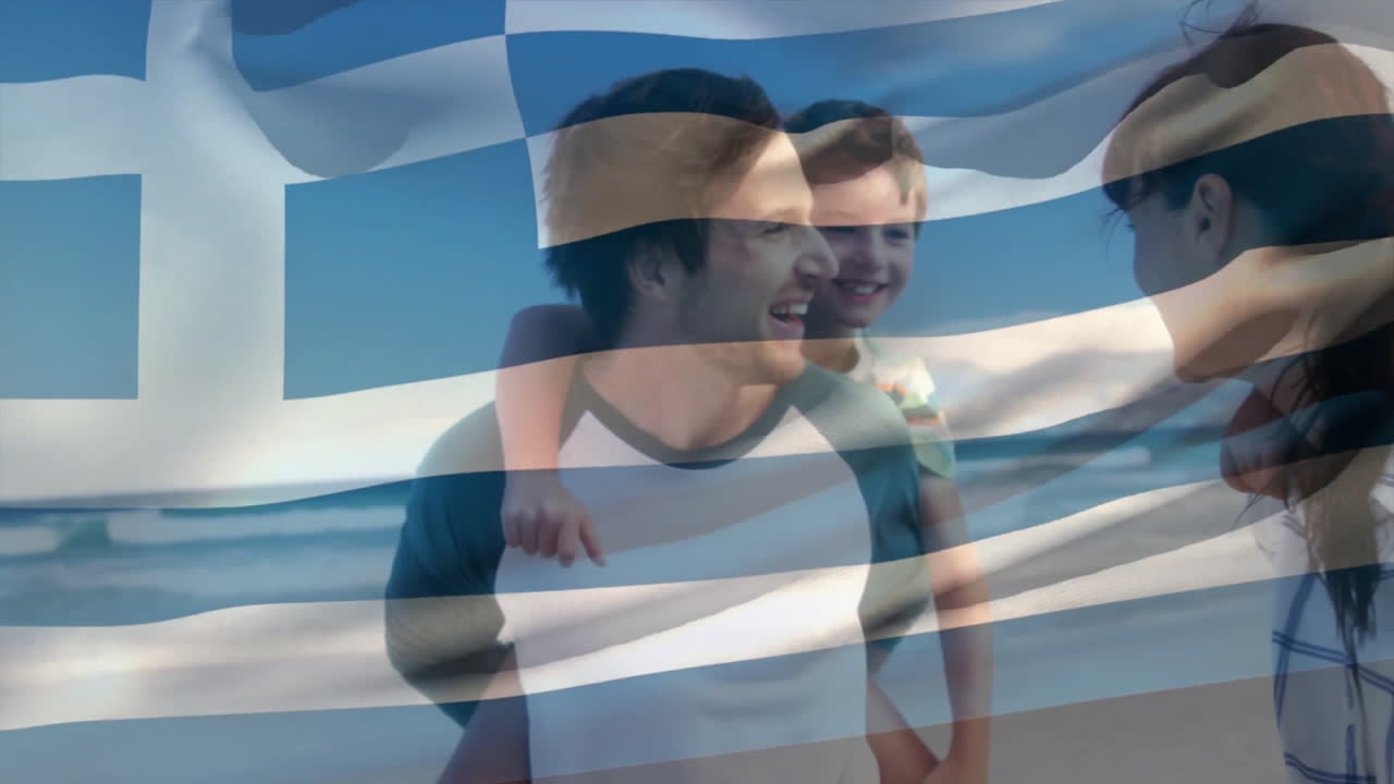 Family with Greek flag overlay having fun on sunny beach day