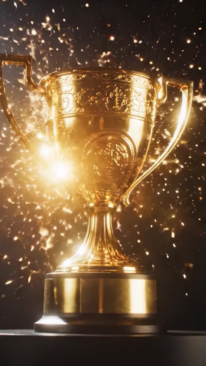 Un Trofeo d'Oro Lucente Cattura l'Attenzione con il Suo Design Brillante e la Presenza Imponente, Simbolo di Successo e Vittoria in Sport o Eventi Competitivi