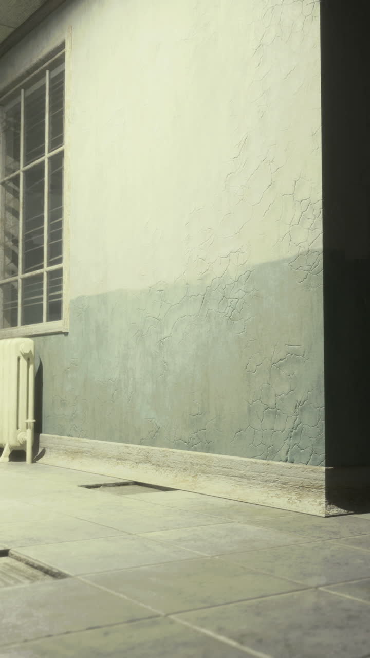 Abandoned hallway in a dimly lit building with an open door and radiator