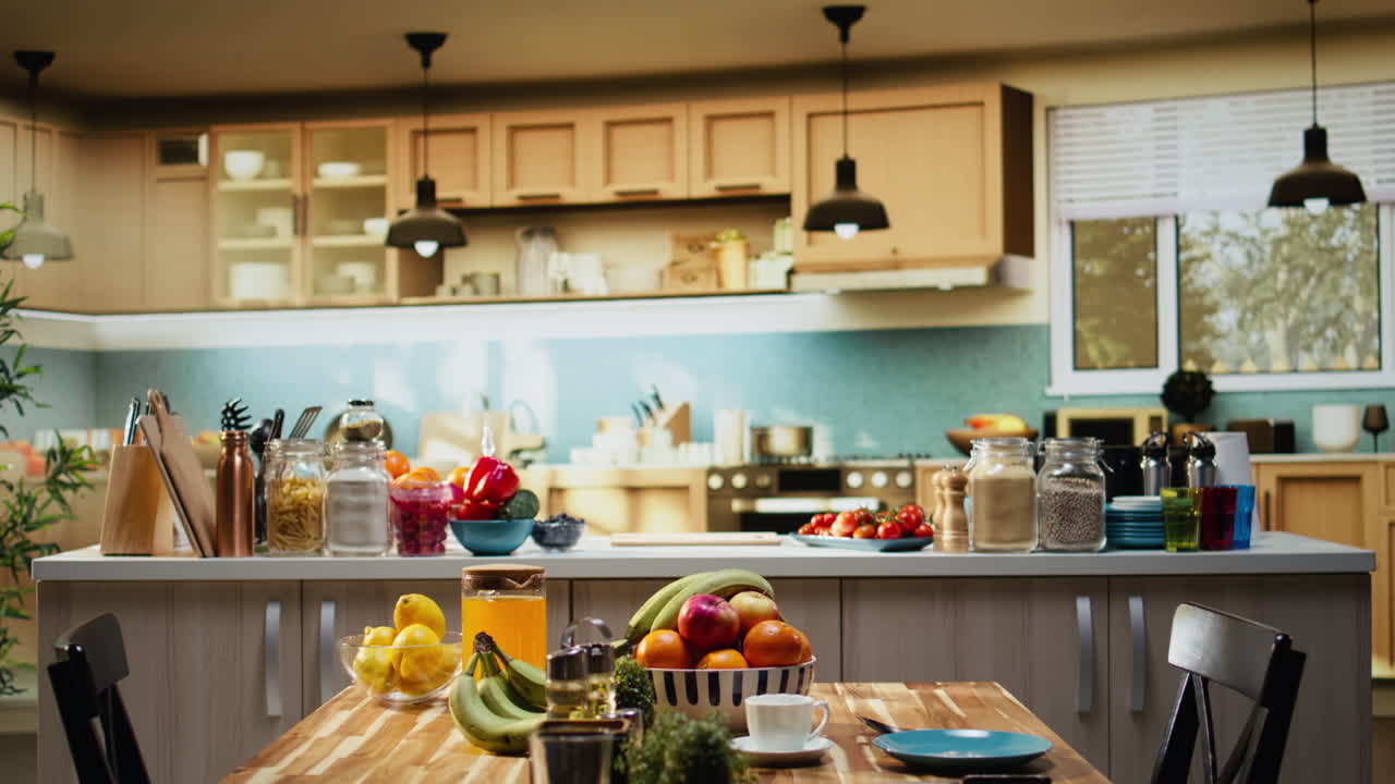 Studio cucina domestica vuoto utilizzato per le riprese di un vlog di cucina con preparazione dei pasti