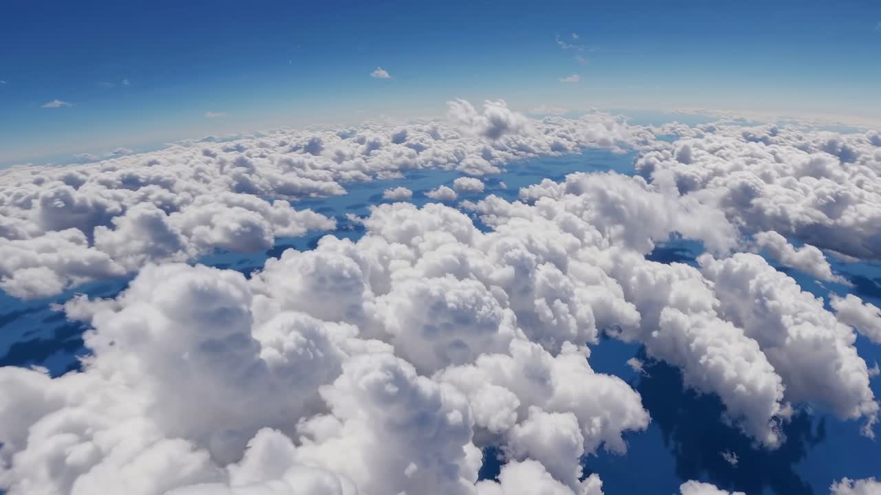 Aerial video view of fluffy clouds over the ocean, captured from a high-angle perspective