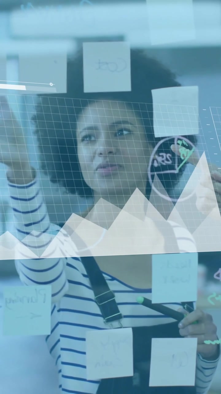 Animation of data processing and diagrams over diverse colleagues discussing work