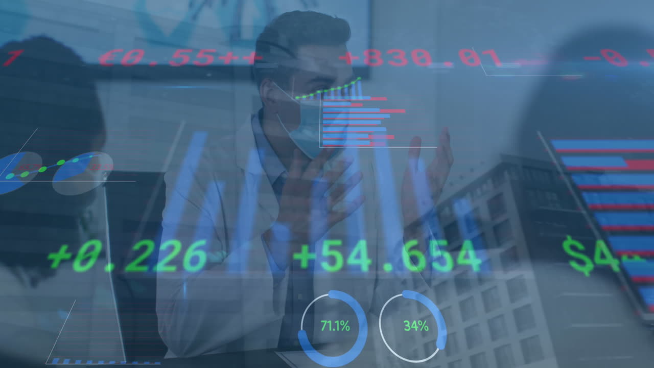 animazione dell'elaborazione dei dati su diversi uomini d'affari in riunione con maschere facciali