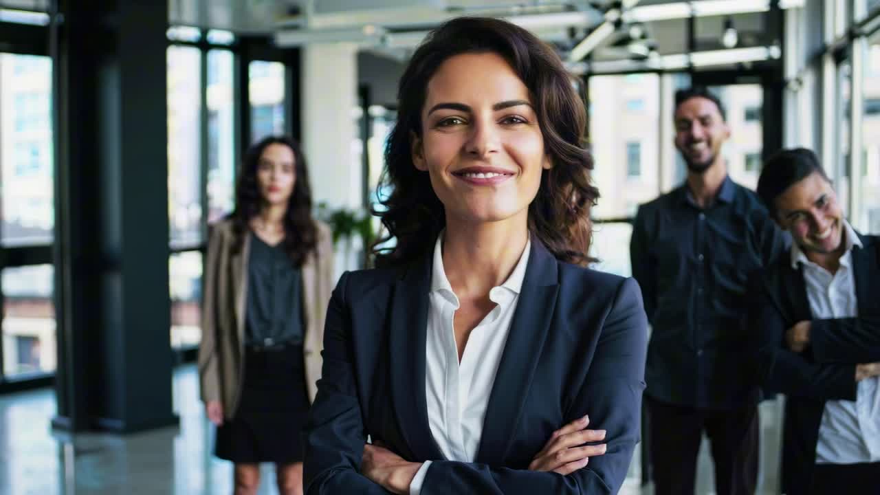 Grupo profissional em escritório moderno, mulher sorridente em foco.