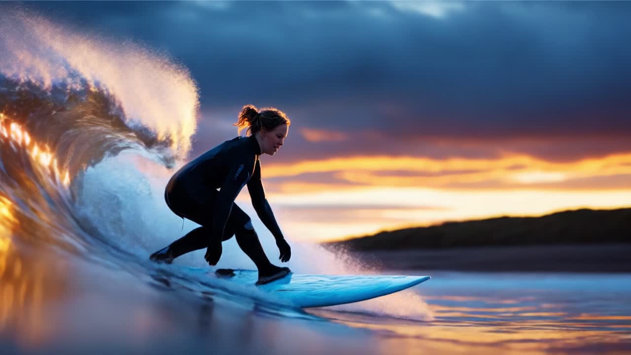 A determined surfer rides the majestic waves, skillfully navigating the ocean's powerful swells against a breathtaking sunset backdrop, showcasing the art of surfing in nature's beauty