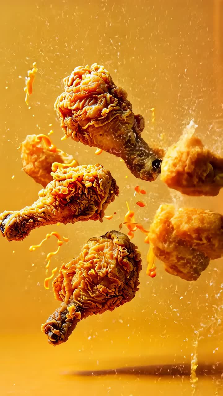 Dynamic video still of fried chicken pieces submerged in liquid, captured from a side angle
