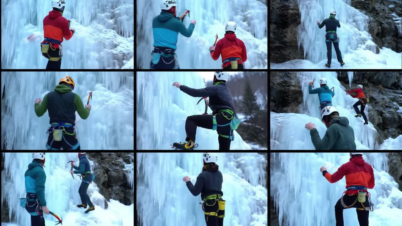 Skilled climbers navigate high ice formations in the mountains, testing their strength and technique while surrounded by stunning frozen landscapes.
