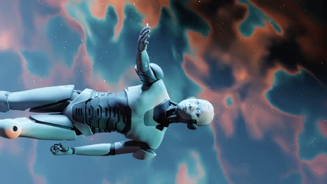 Humanoider-Roboter-Prototyp,-Der-Seine-Offene-Hand-Mit-Leerer-Handfläche-Und-Flüssigem-Texturhintergrund-In-Vertikaler-3D-Rendering-Animation-Zeigt