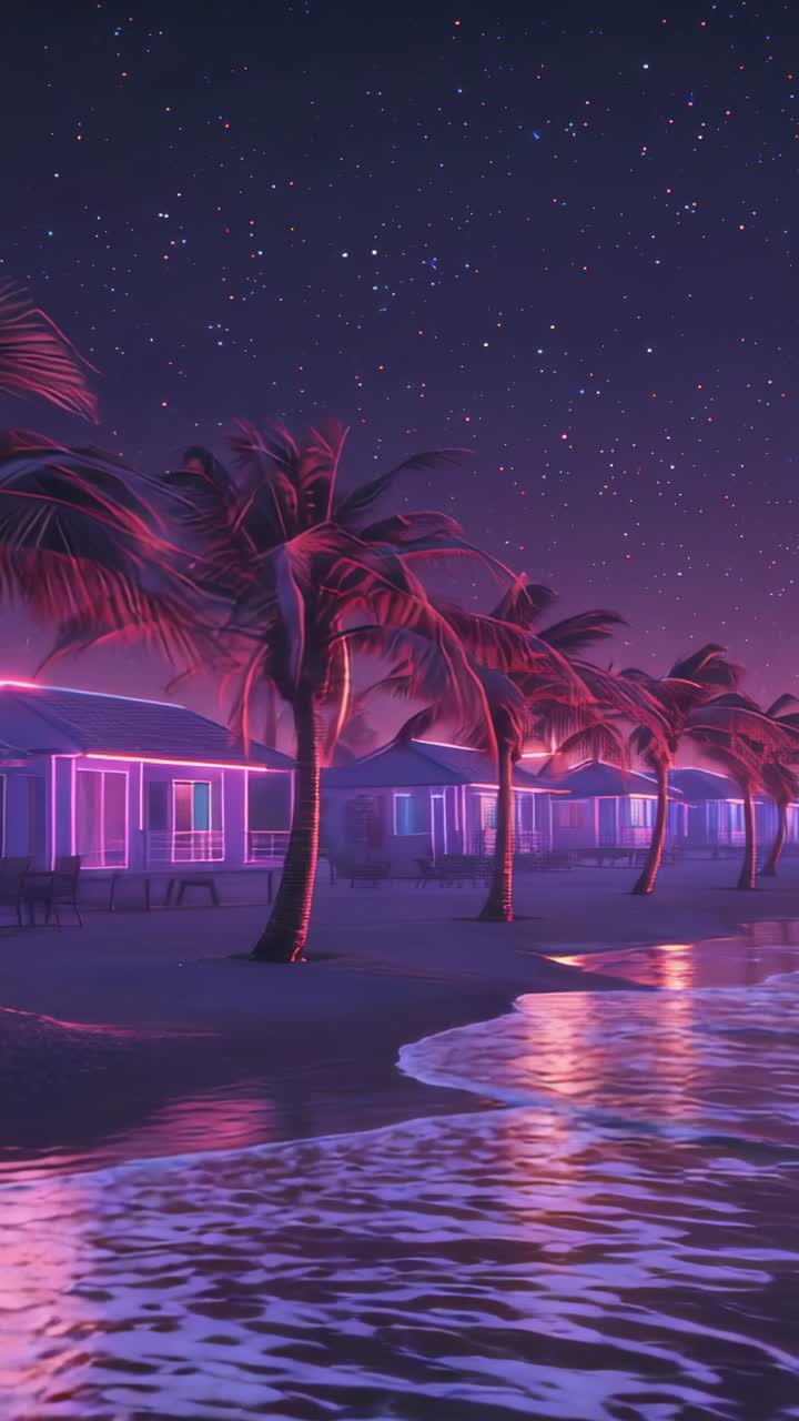 Video verticale: ripresa iniziale con cabine illuminate al neon su una spiaggia sotto le stelle, palme ondeggianti e onde