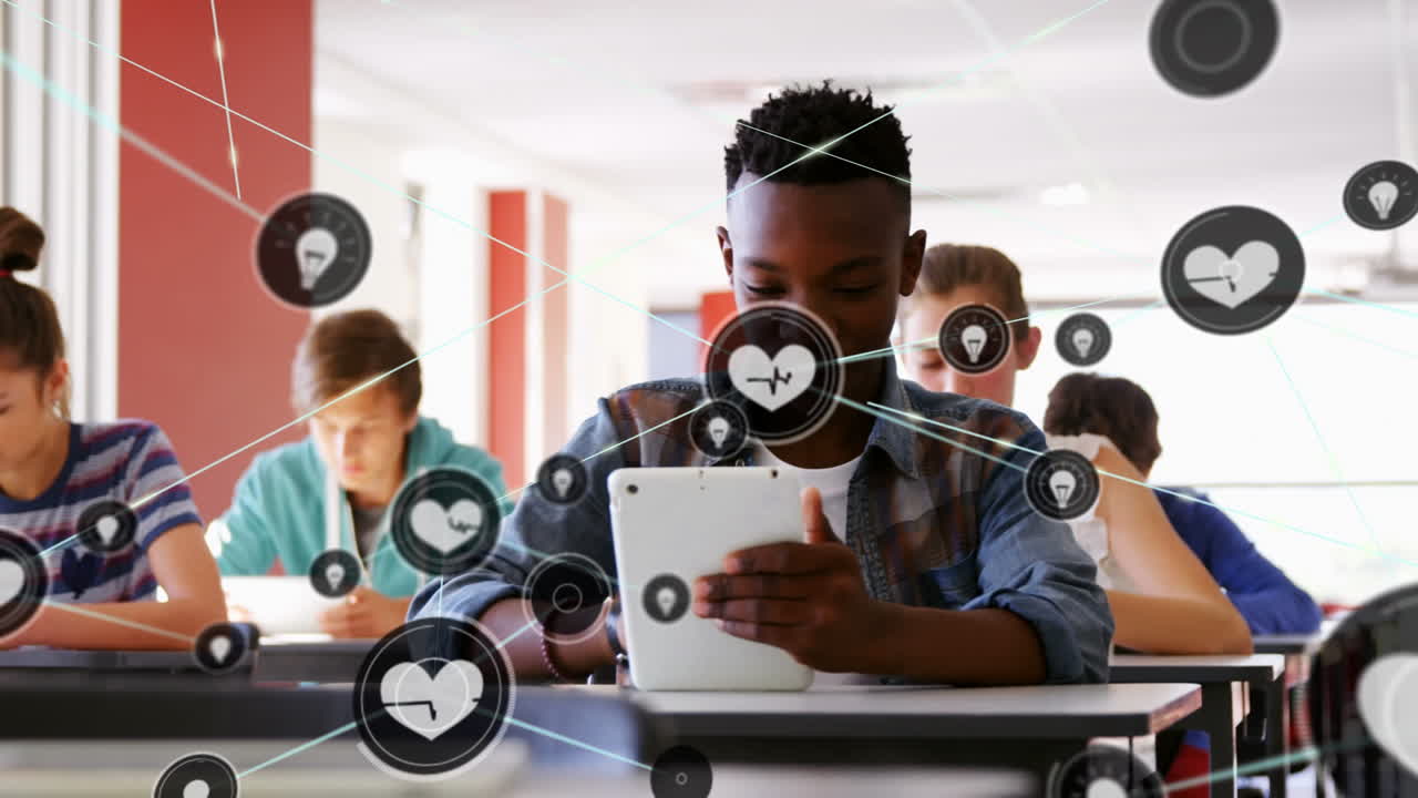 Animation of network of connections with icons over diverse students using tablet in classroom