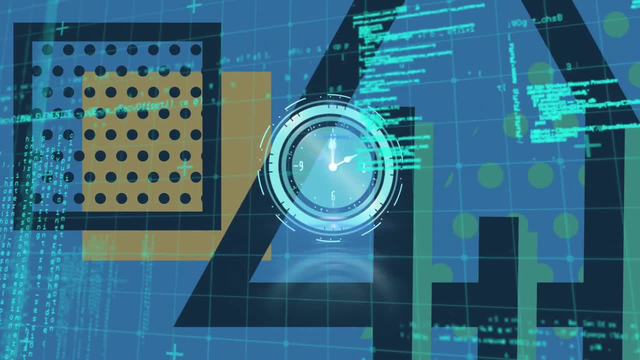 Clock ticking over data processing against abstract shapes on blue background