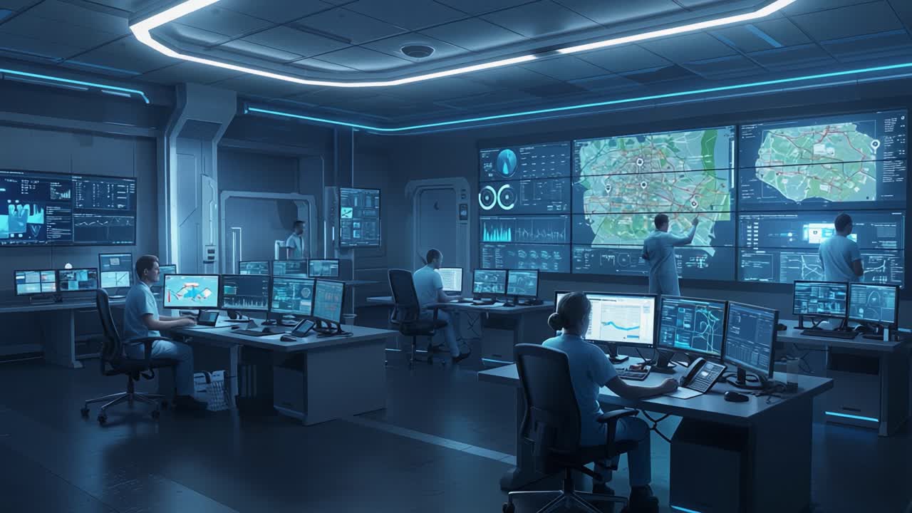 A High-Tech Control Room with Multiple Monitors Displaying Data and Maps, Staff Engaged in Operations in a Modern Surveillance Environment