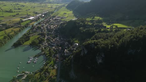 walensee lake and village town in switzerland nature holiday retreat, aerial