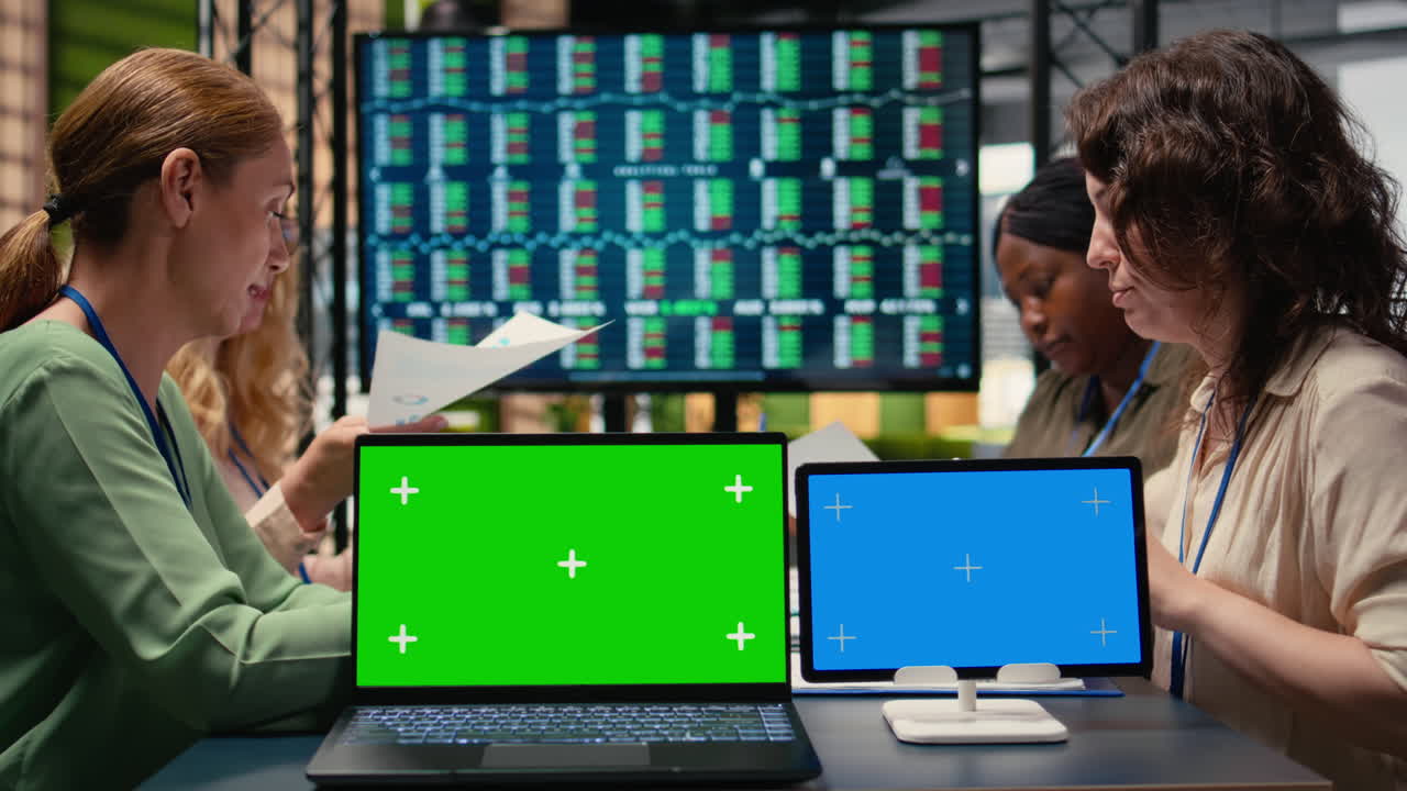 Empowered group of women managers utilizes a chroma key screen