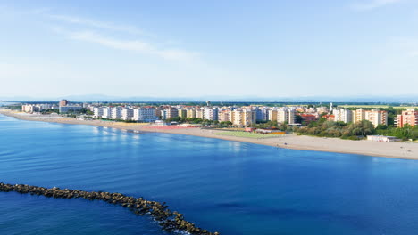 nice drone view of the umbrellas and gazebos on italian sandy beaches. adriatic coast. emilia romagna region