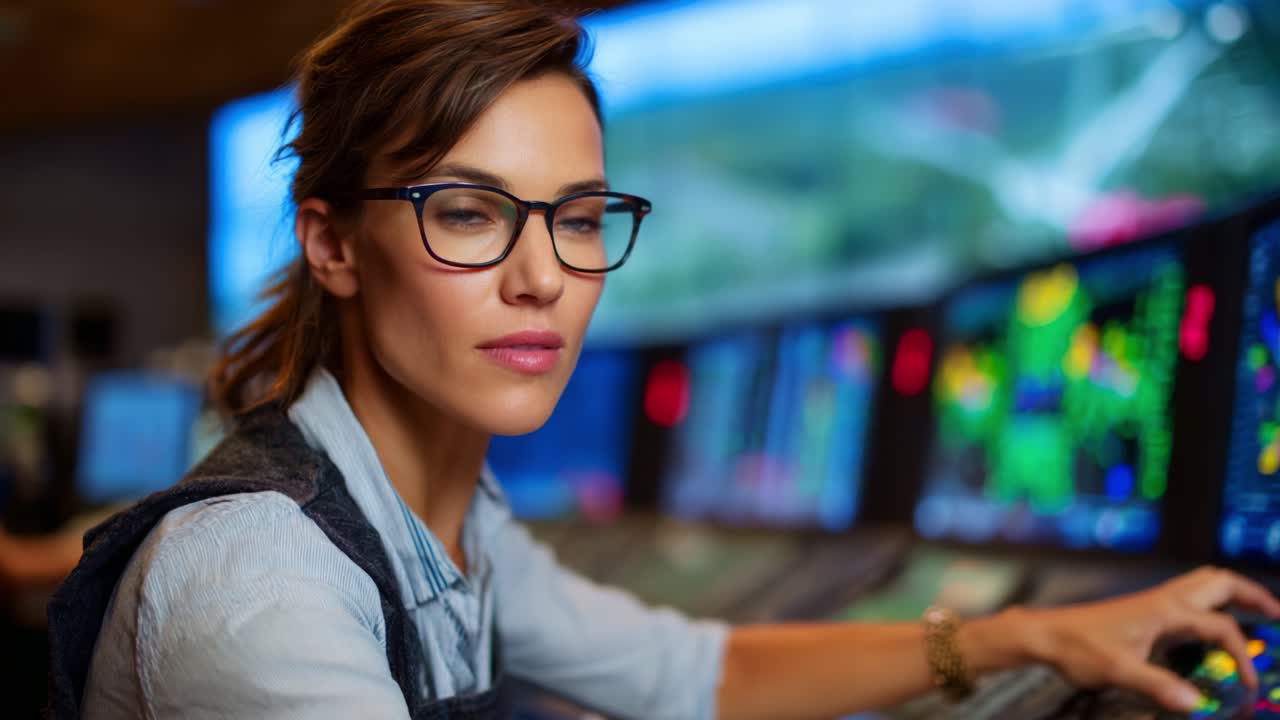 Focused Analyst Monitoring Data Trends in a High-Tech Control Room Environment with Advanced Screen Interfaces and Digital Metrics Displayed