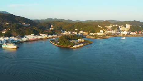 4k establishing shot of toba bay in mie prefecture japan, aerial tilt shot