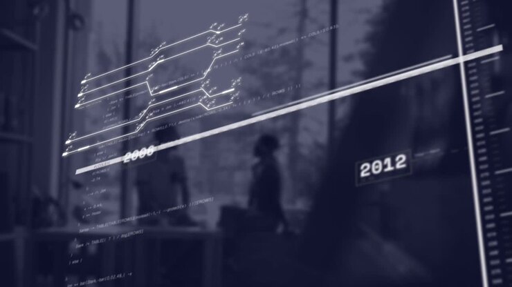 Animation of interface with data processing against man and woman near a window at office