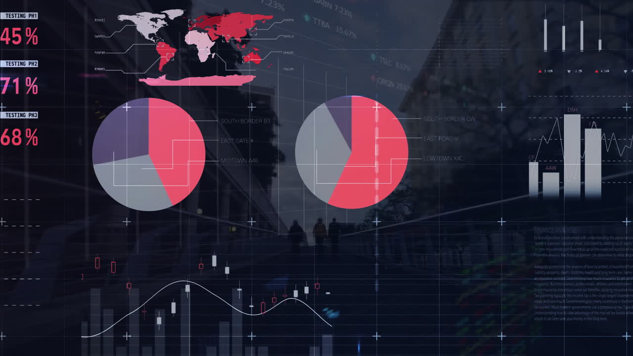 Animering av diagram, databehandling, aktiemarknad och världskarta över människor som går