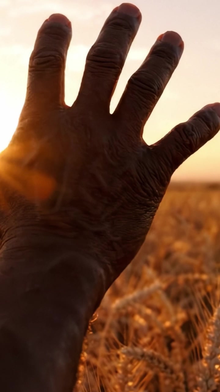 En utstrakt hånd mot en gyllen solnedgang i en kornåker, som symboliserer håp, forbindelse og skjønnheten i naturens høst.