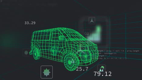 Animation-of-data-processing-and-scanning-over-car-drawing-spinning-on-black-background