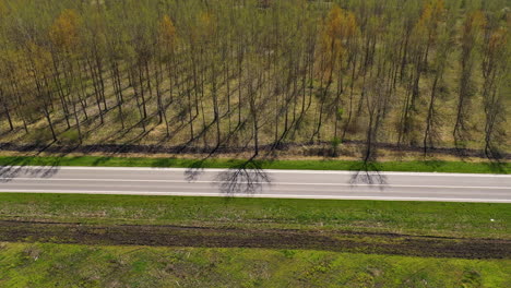 Solo-Coche-Gris-En-La-Carretera-A-Través-Del-Paisaje-Boscoso,-Toma-Aérea-Drone-Pov