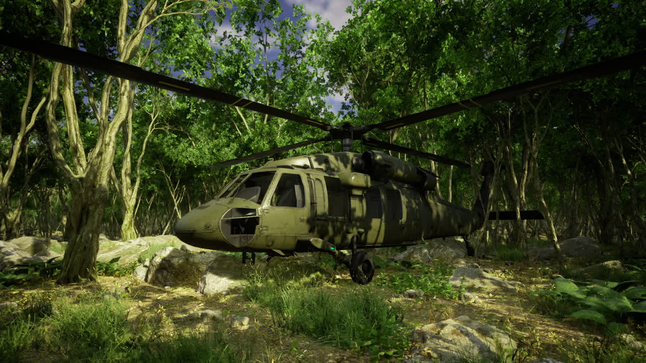 Helicopter rests quietly among the lush greenery of a dense forest setting