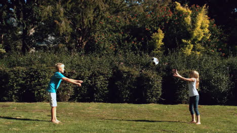 hermano lanzando un fútbol a una hermana en un parque
