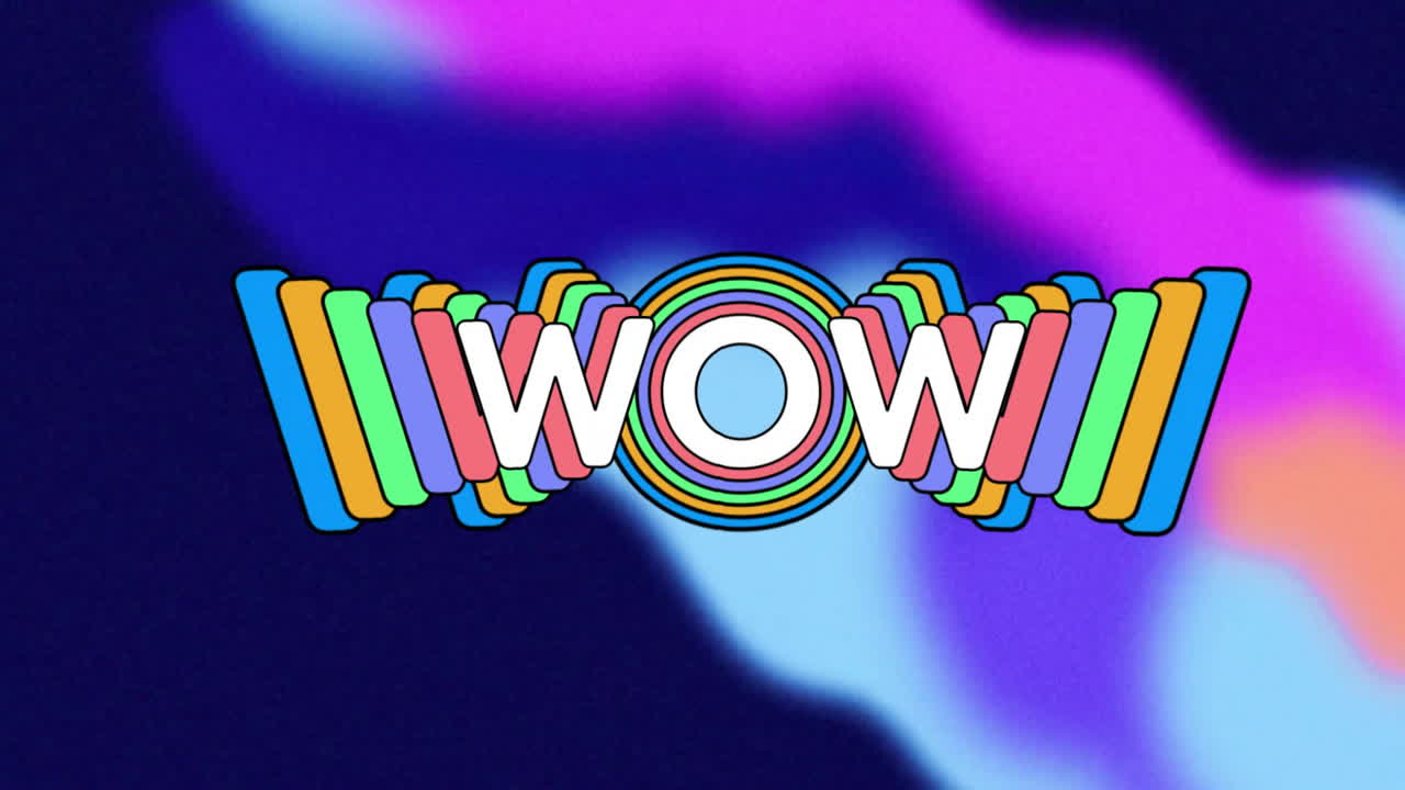 Animation of wow text over colourful shapes on black background