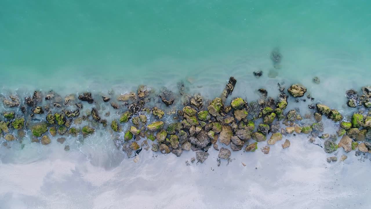 блестящая голубая океанская вода среди скал, покрытых водорослями вдоль берега