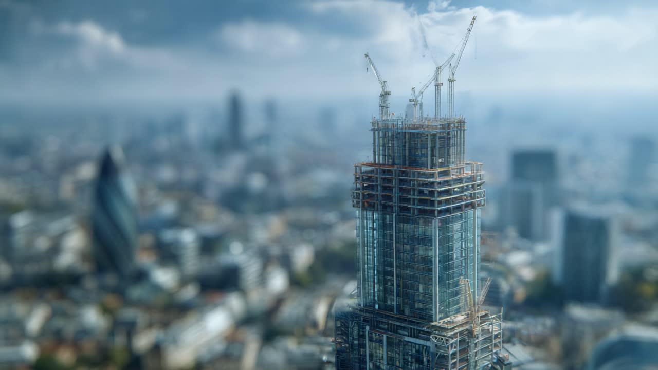 Aerial view of a modern skyscraper under construction, showcasing the building's structures and cranes against a blurred urban landscape in the background
