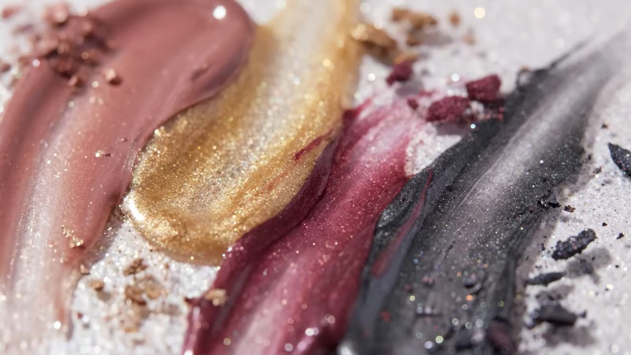 Primo piano di swatch di make-up scintillanti e pigmenti in polvere